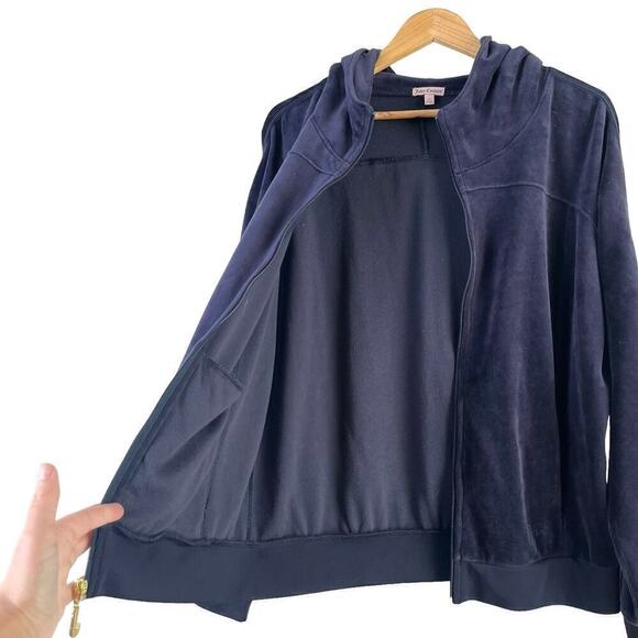 Juicy Couture Y2K Velvet Hoodie Track Jacket Bling Zipper Pull Tab Navy Blue, XL - Picture 9 of 11